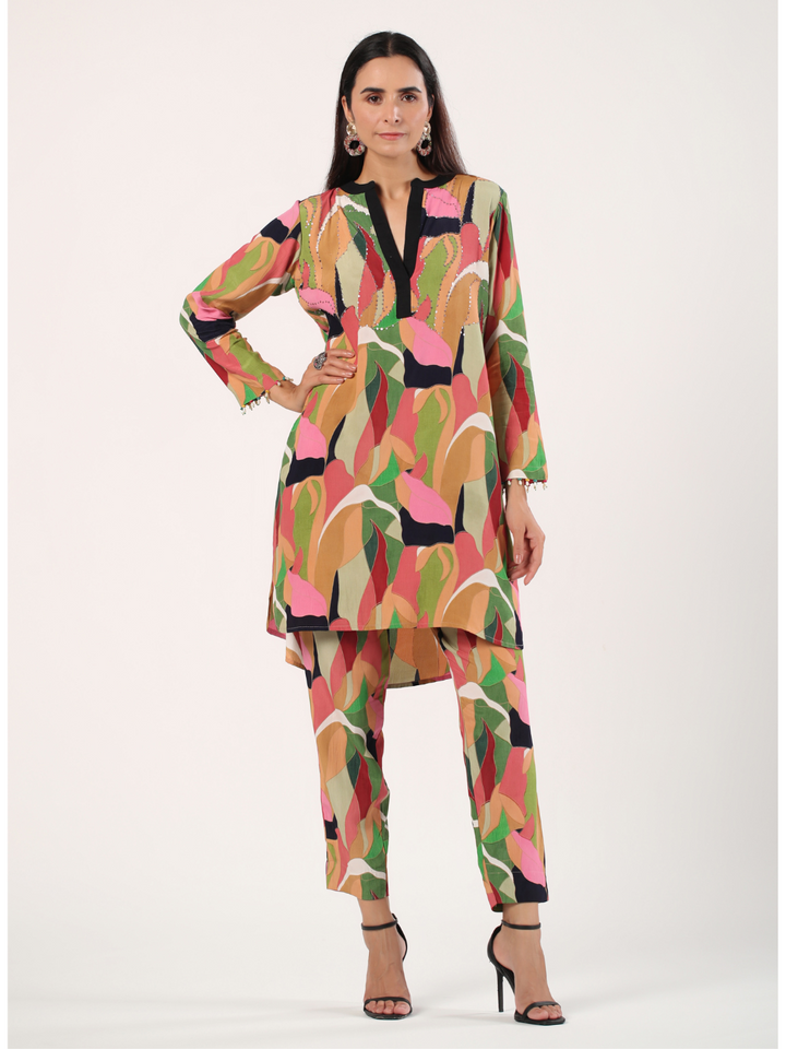 Beige Viscose Abstract Print Co-Ord Set