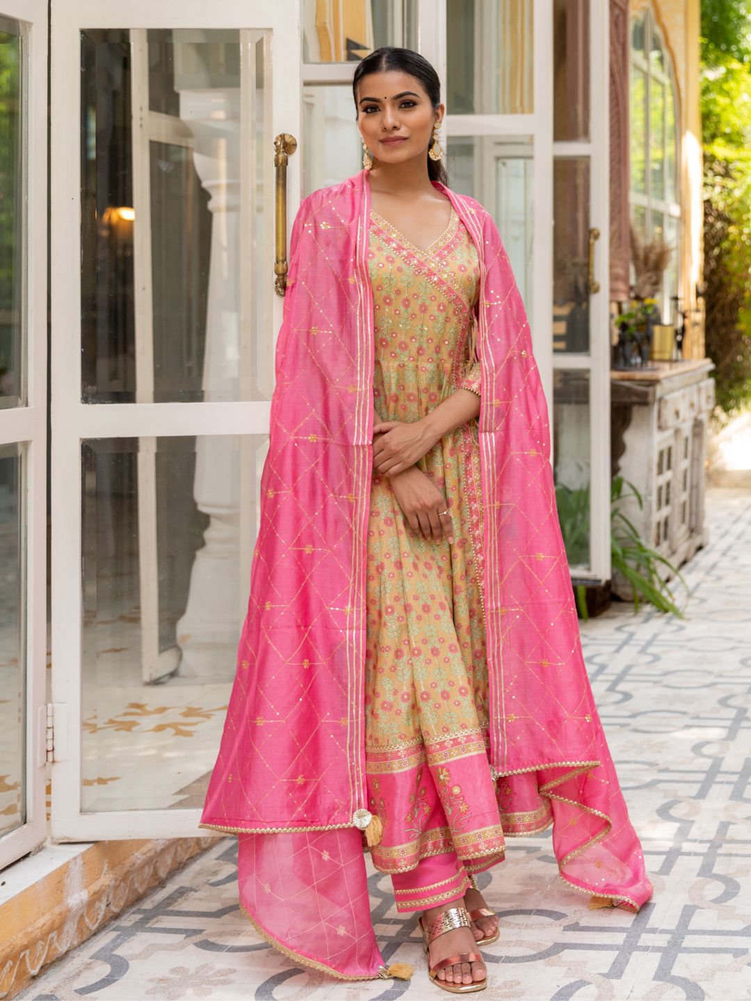 Beige-&-Pink-Silk-Angrakha-Anarkali-Suit-Set