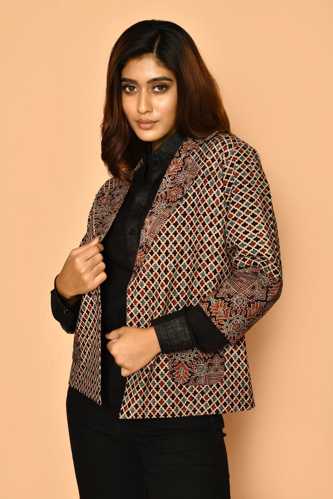 Black Ajrakh Printed Cotton Coat Blazer