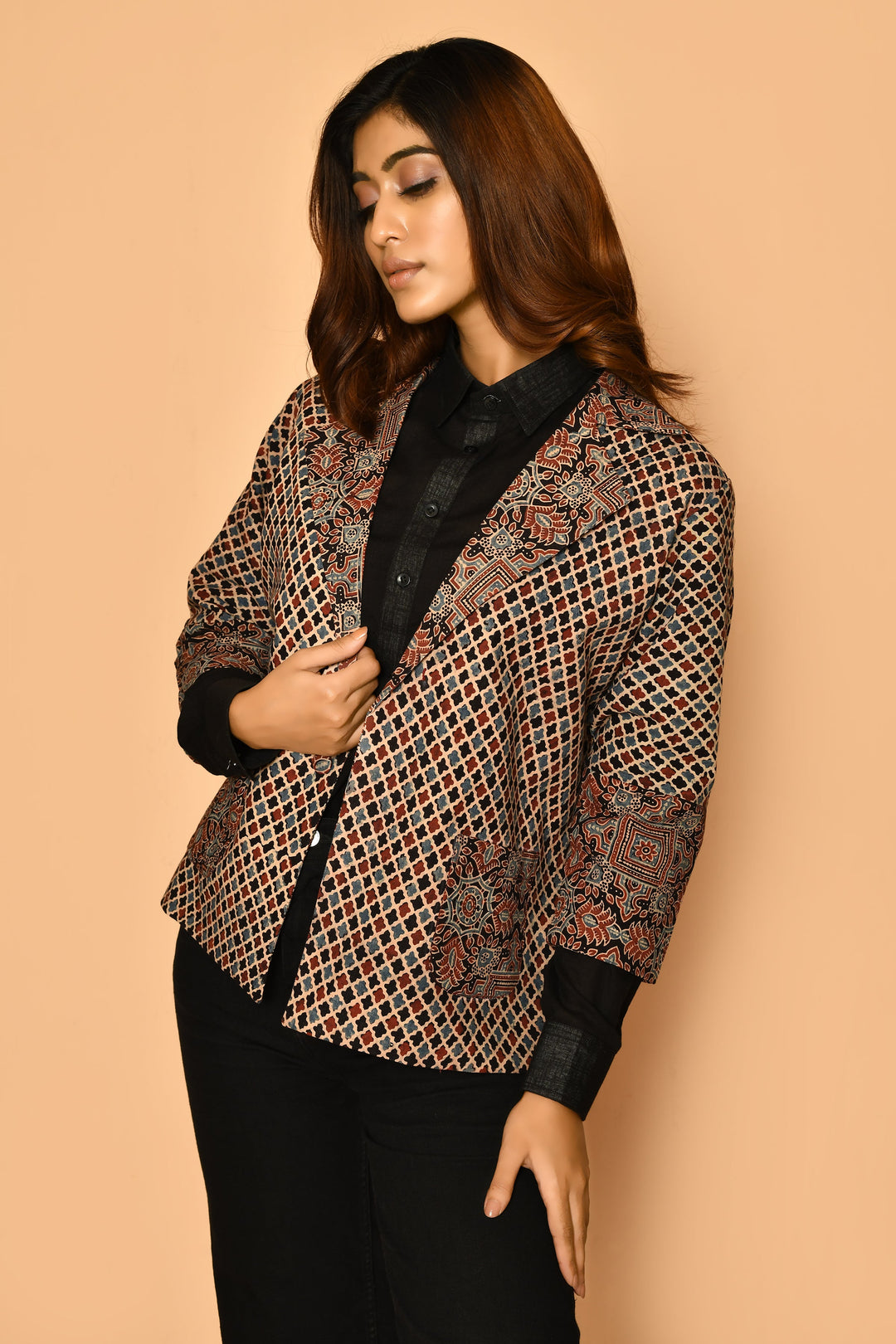 Black Ajrakh Printed Cotton Coat Blazer