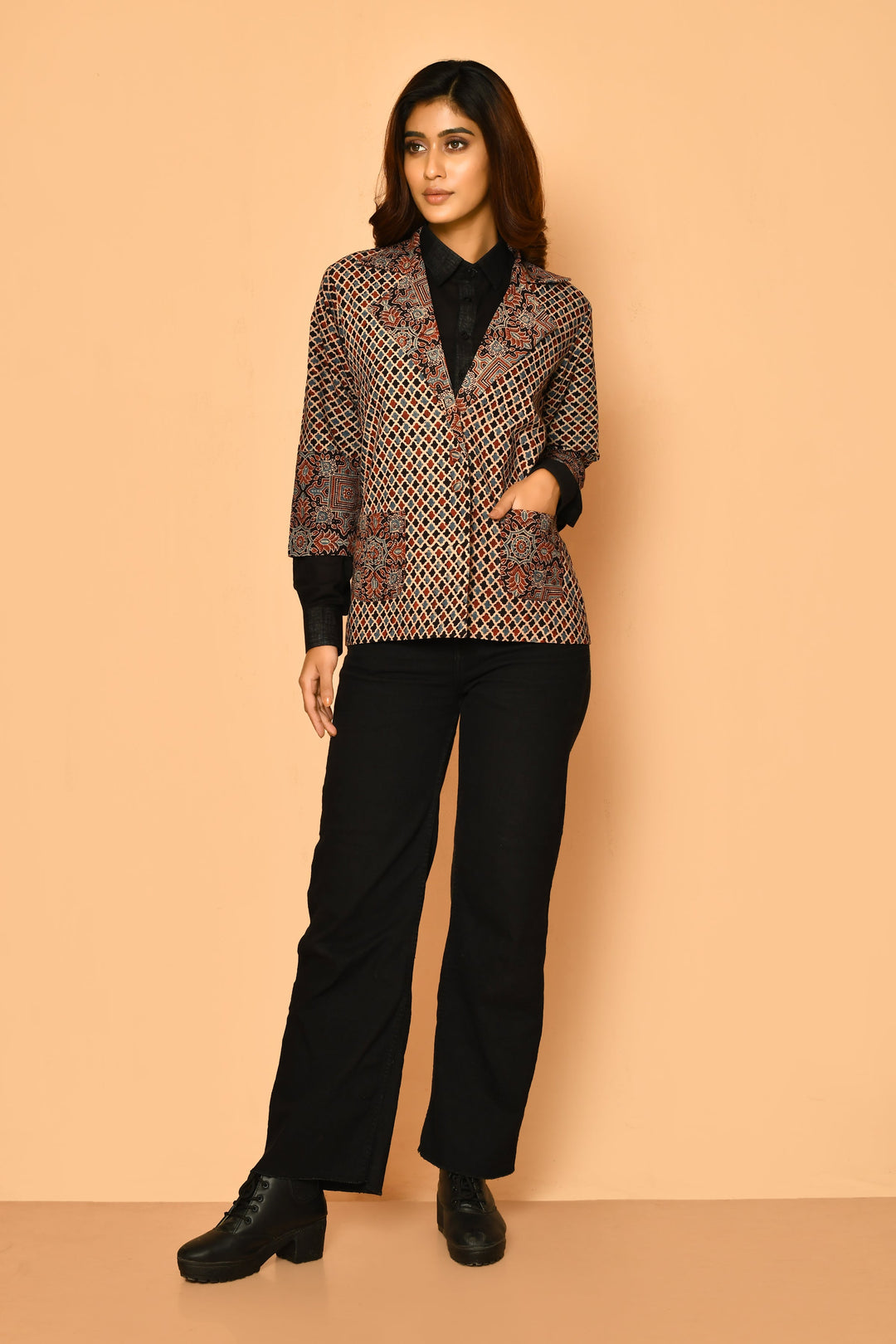 ZERESOUQ-Black-Ajrakh-Printed-Cotton-Coat