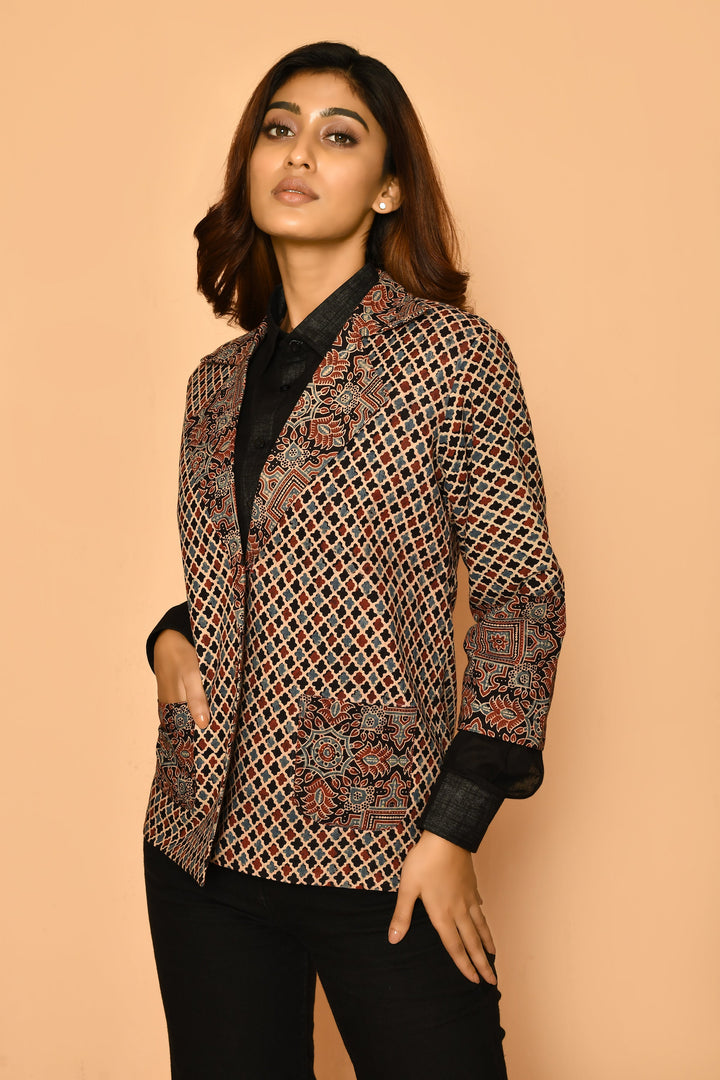 Black Ajrakh Printed Cotton Coat Blazer