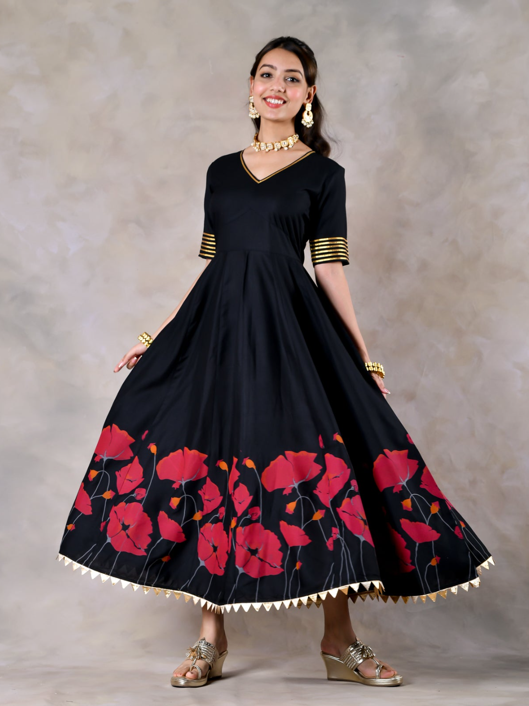 Black And Pink V Neck Dress With Gota Details