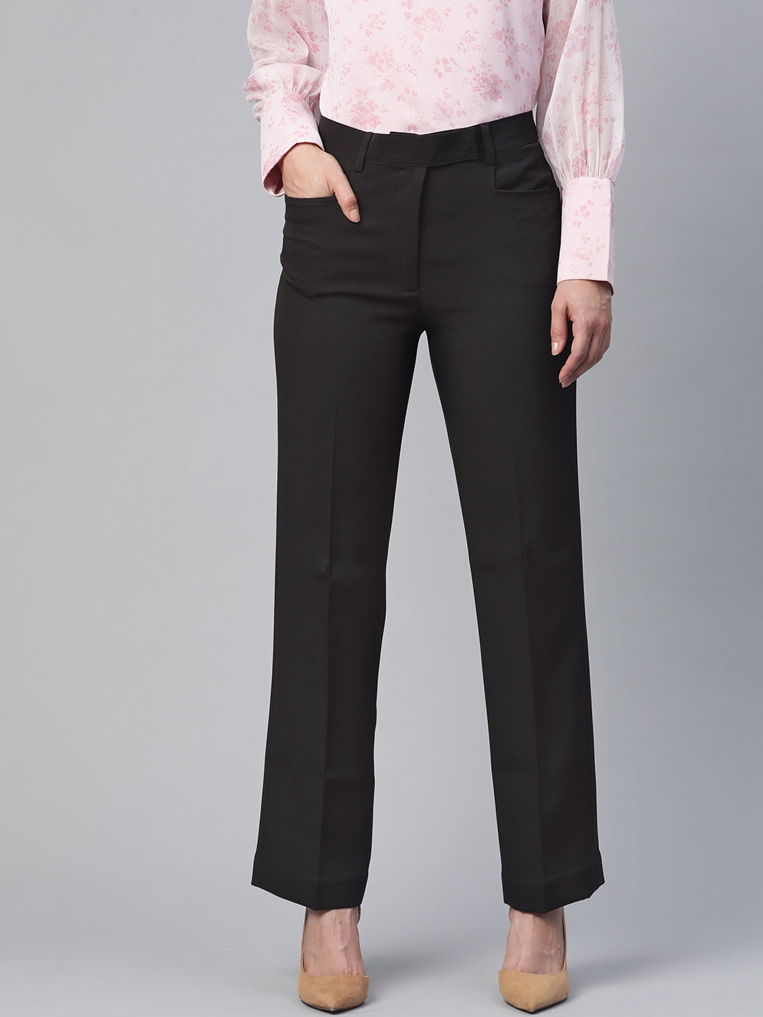 Black Blended Fabric Regular Fit Stretch Trouser