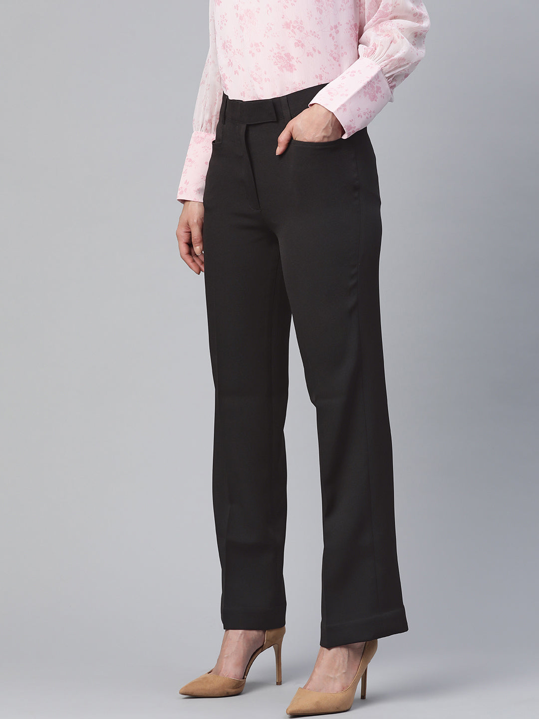 Black Blended Fabric Regular Fit Stretch Trouser