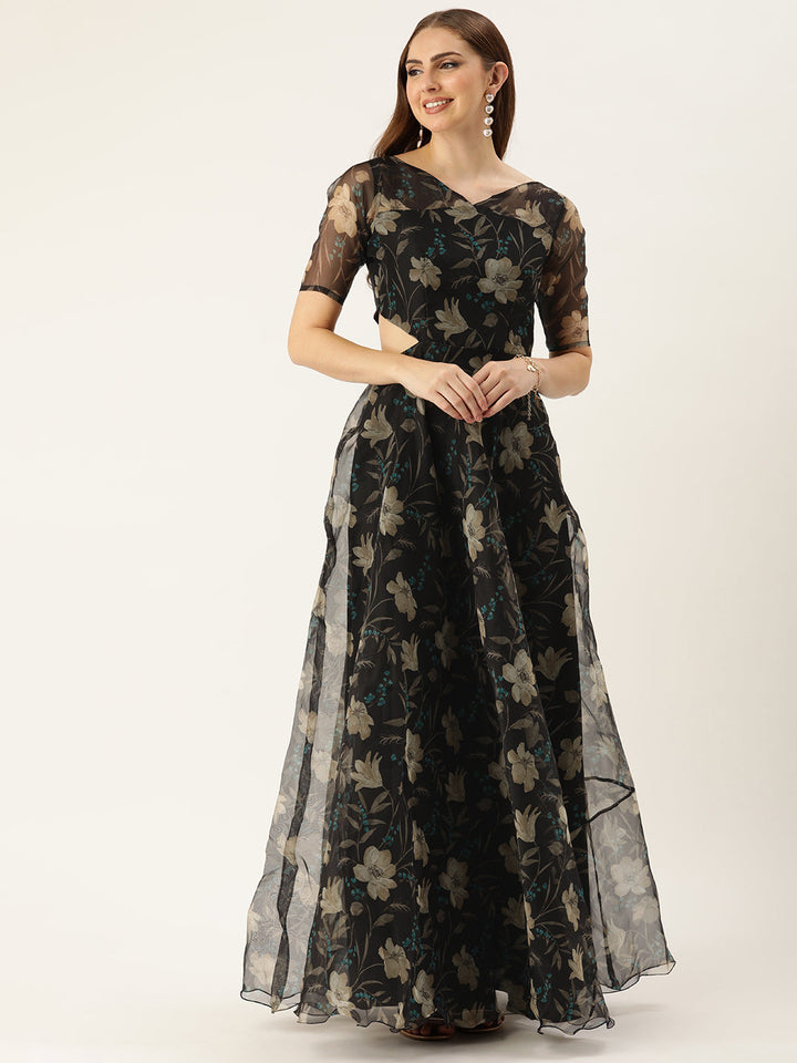 Black Camouflage Floral Digital Printed Organza Gown