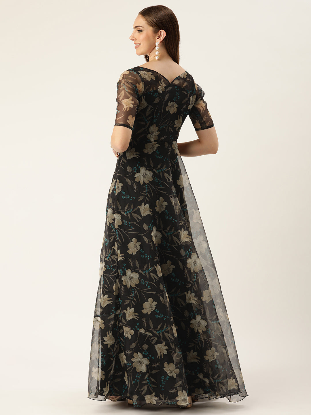 Black Camouflage Floral Digital Printed Organza Gown