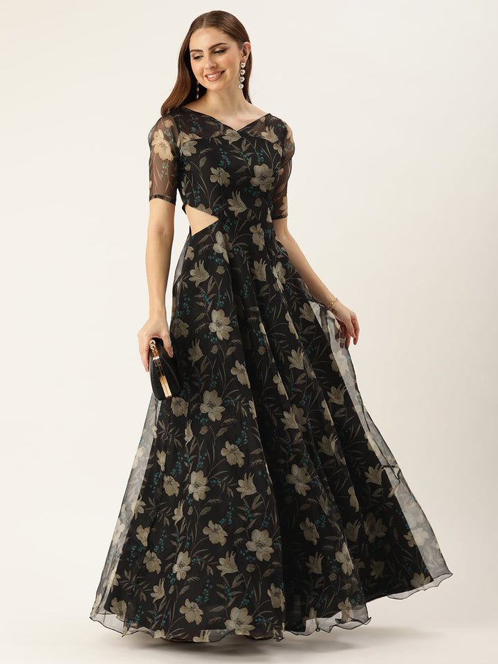 Black Camouflage Floral Digital Printed Organza Gown