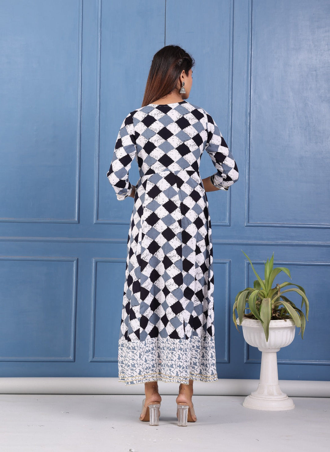 Black Checkered Print Regular Anarkali Gown
