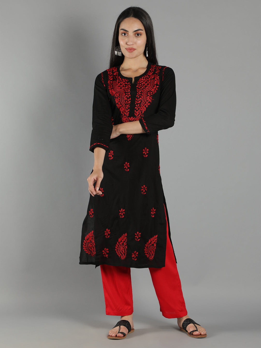 Black-Cotton-Chikan-Kurta-in-Red-Embroidery
