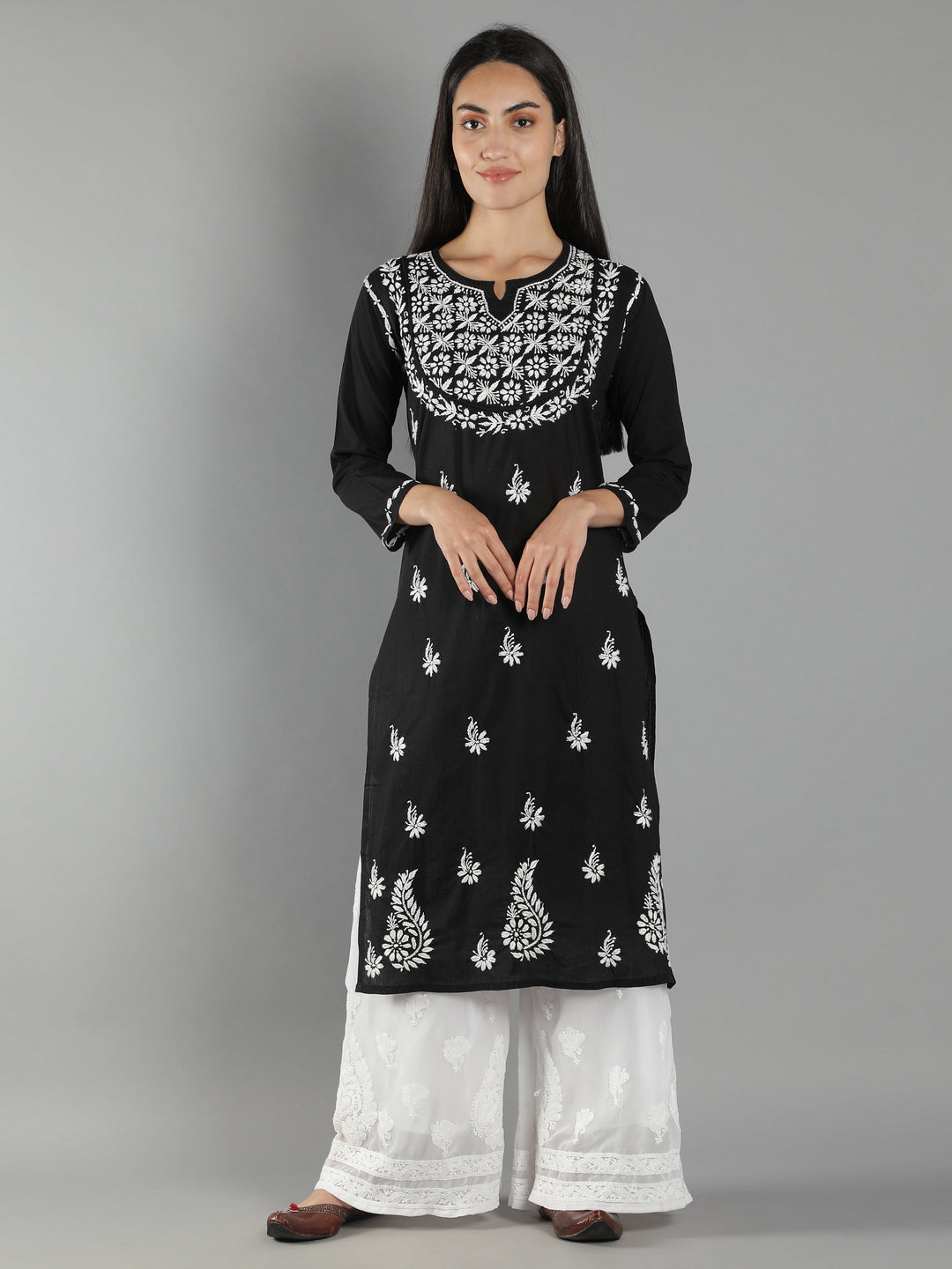 Black-Cotton-Chikan-Kurta-in-White-Embroidery