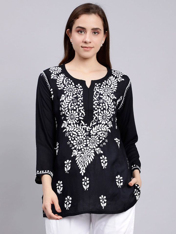 Black Cotton Chikankari Embroidered Tunic Top