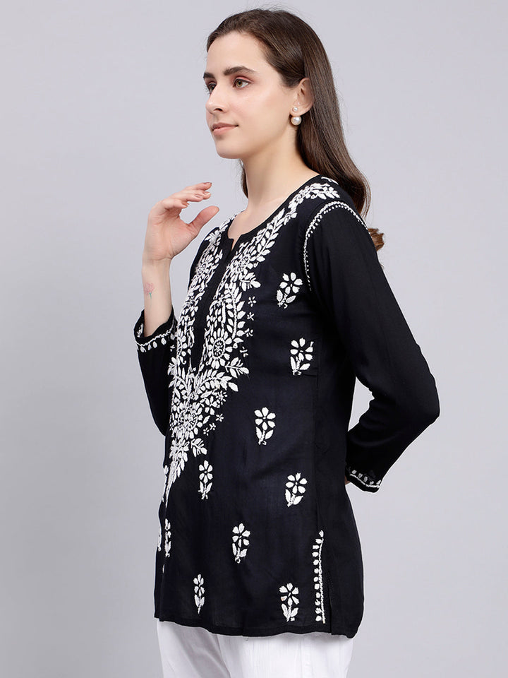 Black Cotton Chikankari Embroidered Tunic Top