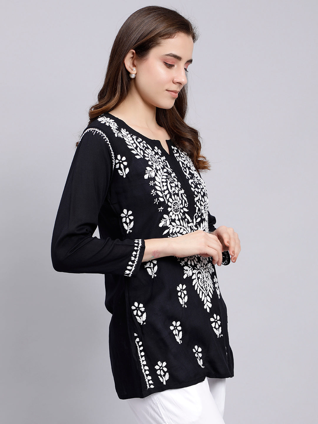 Black Cotton Chikankari Embroidered Tunic Top