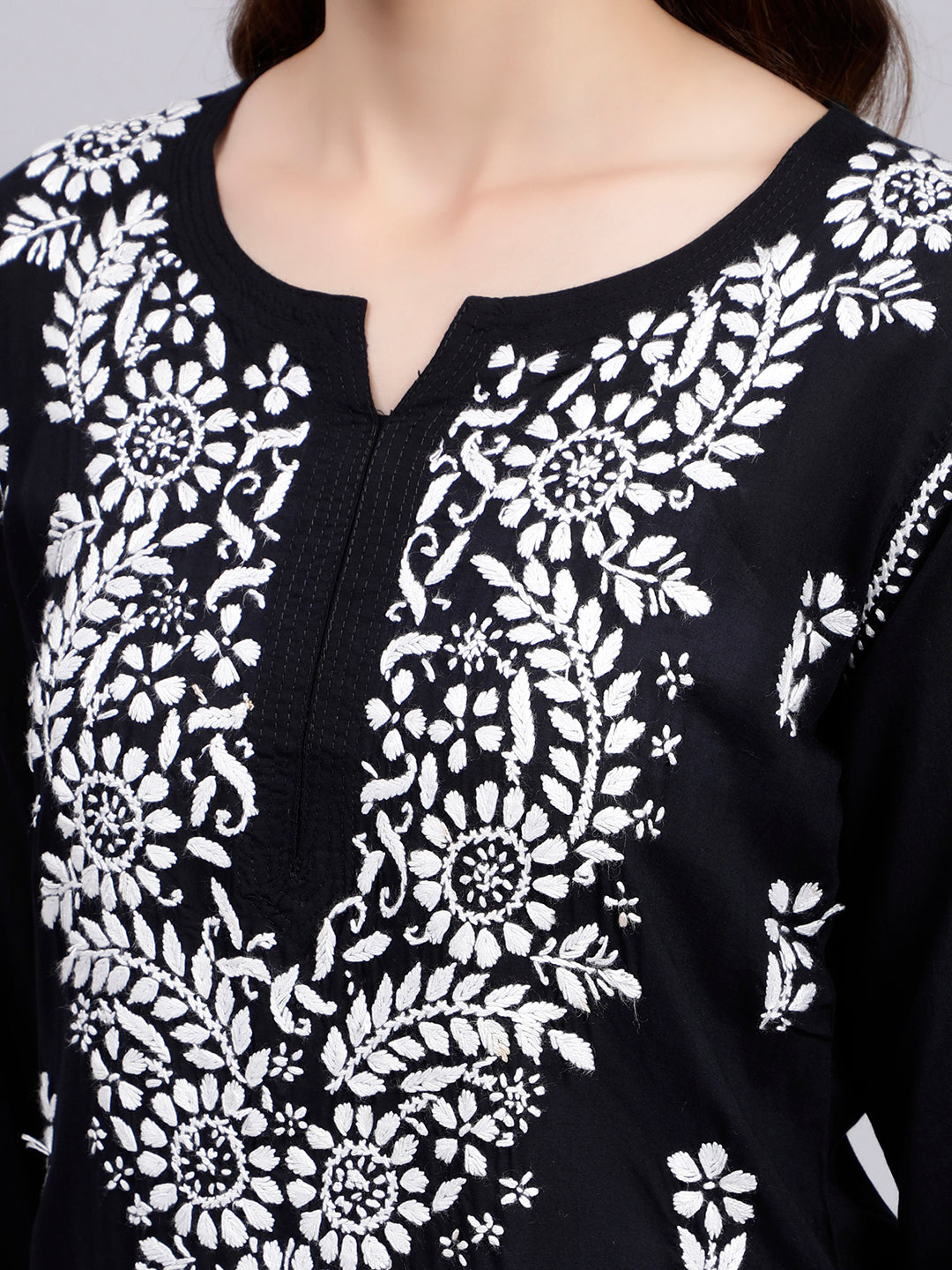 Black Cotton Chikankari Embroidered Tunic Top