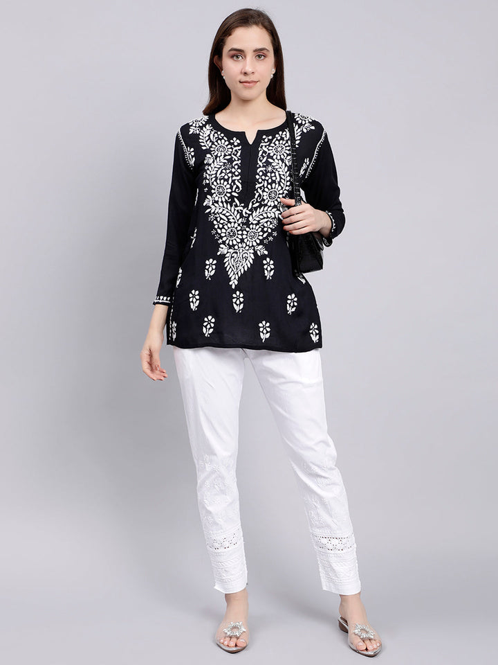 Black Cotton Chikankari Embroidered Tunic Top