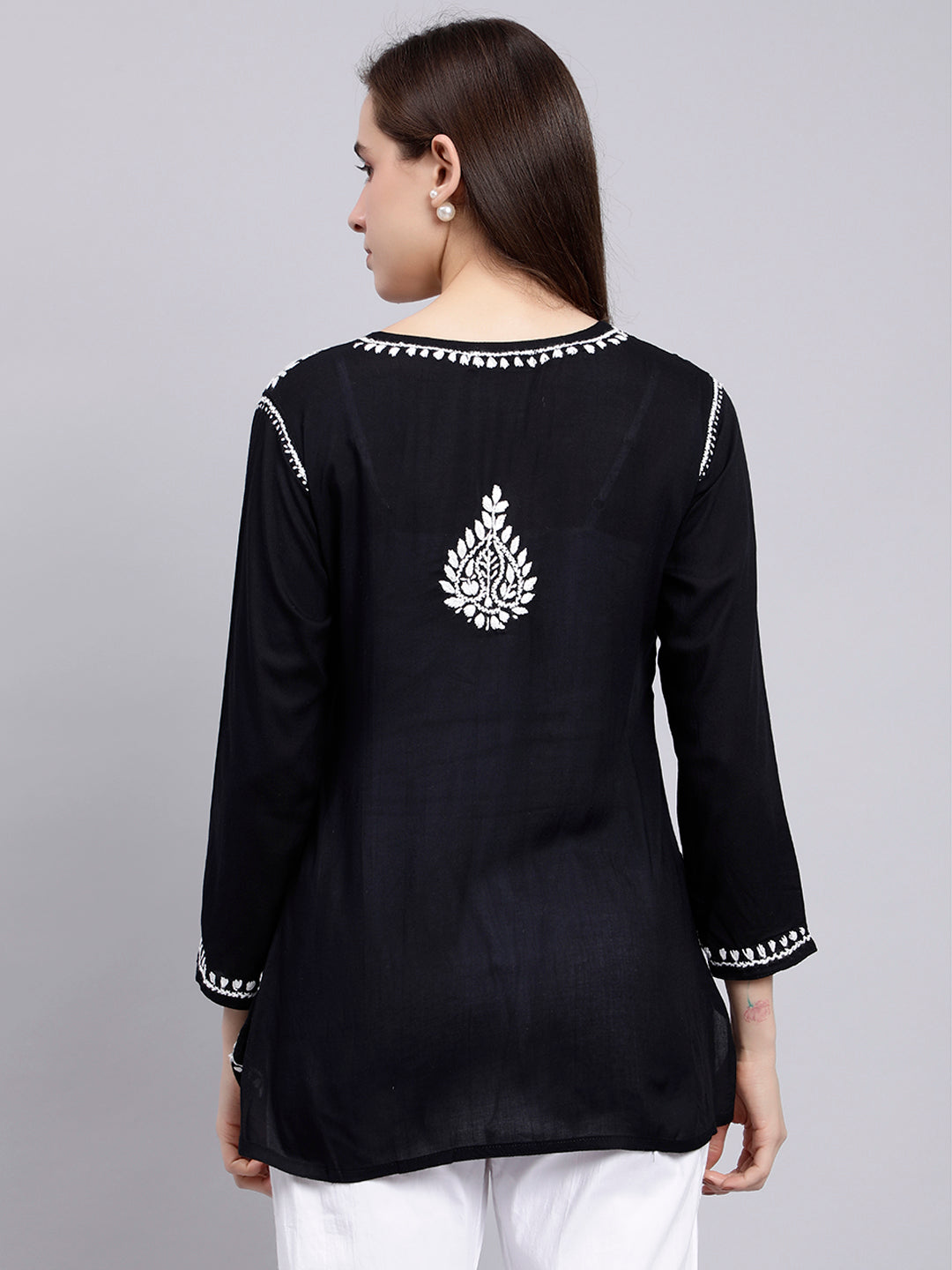 Black Cotton Chikankari Embroidered Tunic Top