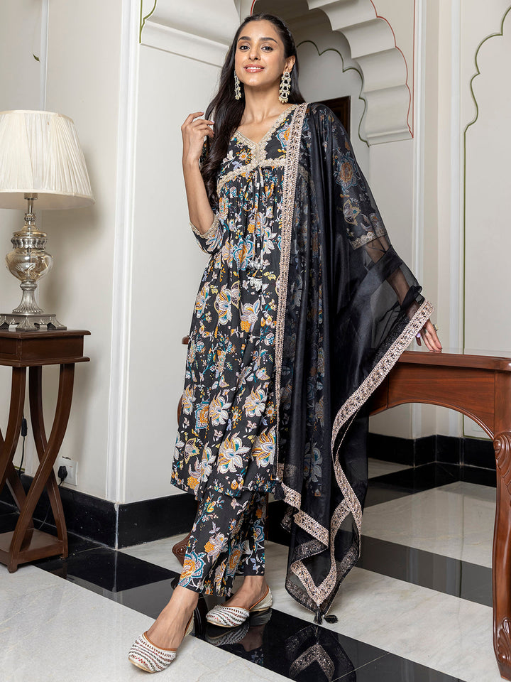 Black Cotton Embellished Gathered 3-Piece Kurta Set