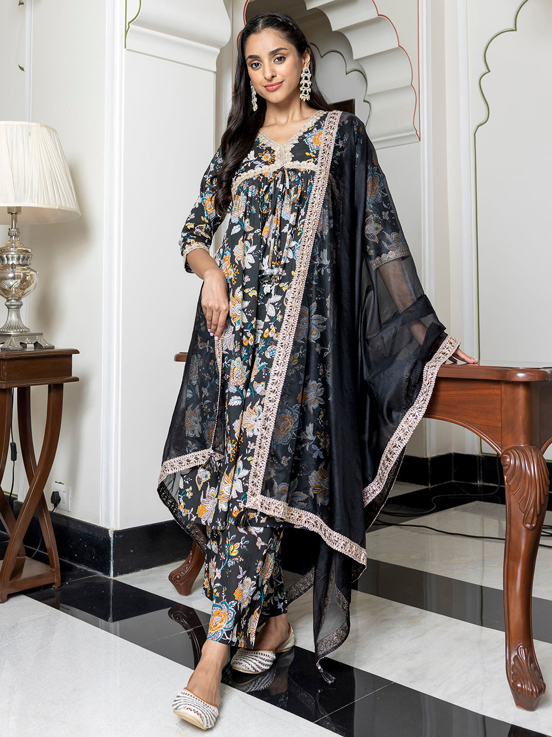 Black Cotton Embellished Gathered 3-Piece Kurta Set