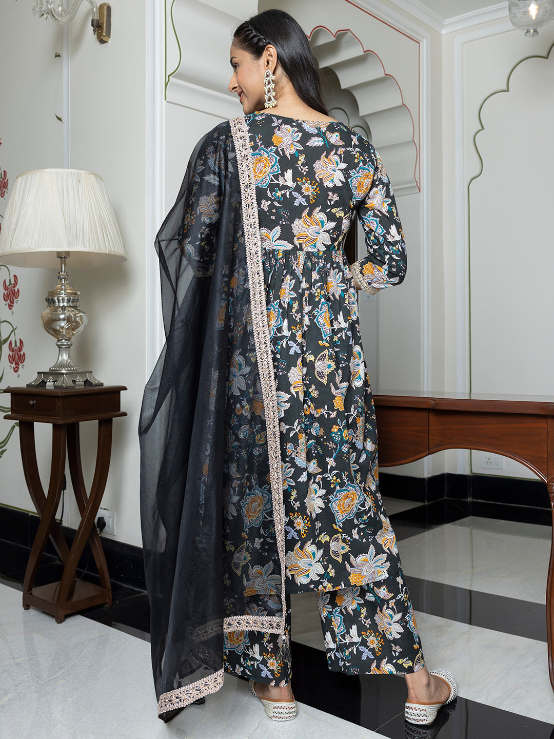 Black Cotton Embellished Gathered 3-Piece Kurta Set