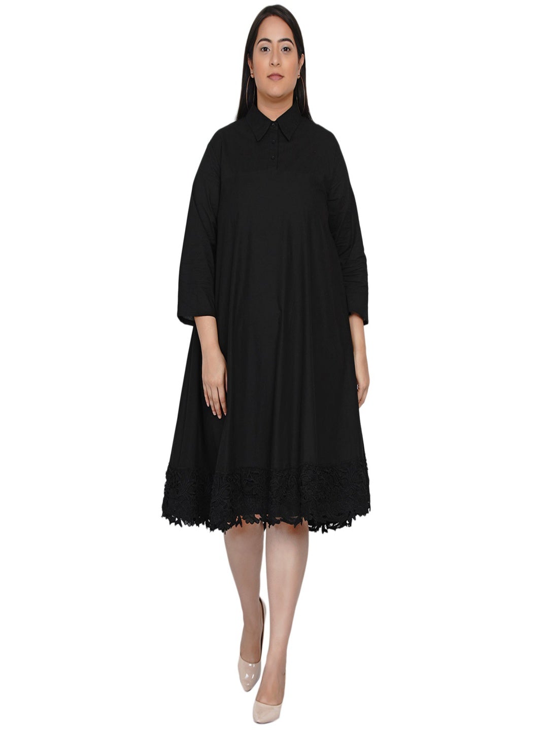 Black Cotton Flowy Dress With Black Lace