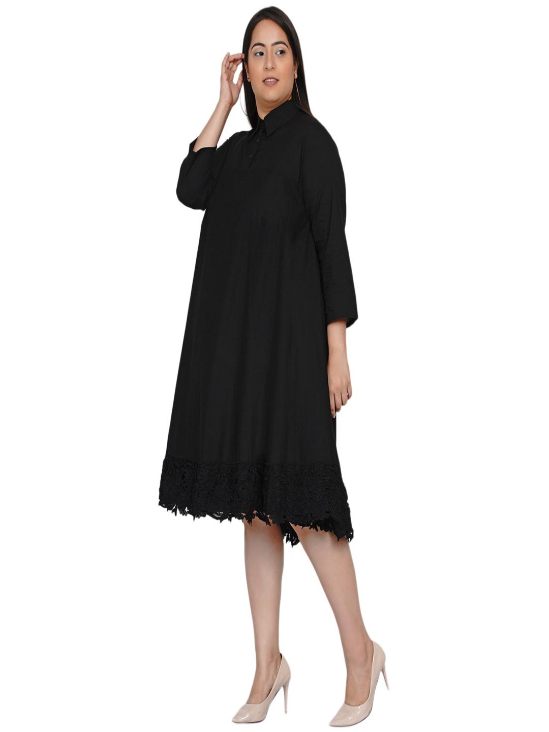 Black Cotton Flowy Dress With Black Lace