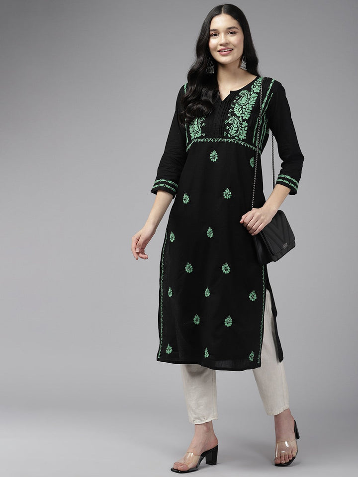 Black Cotton Green Thread Chikankari Kurta