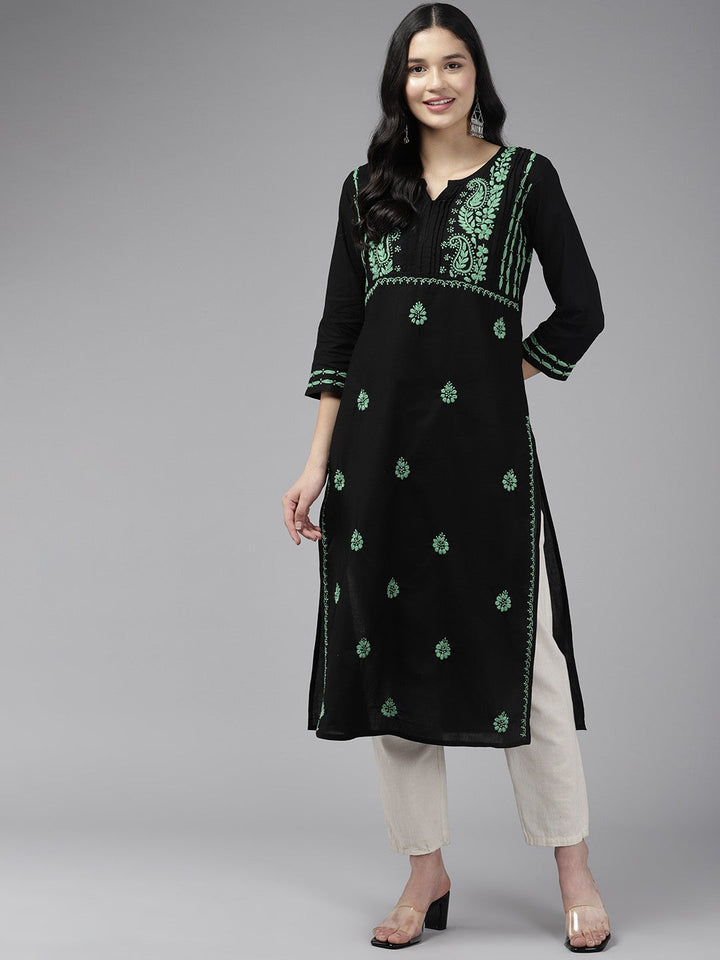 Black Cotton Green Thread Chikankari Kurta