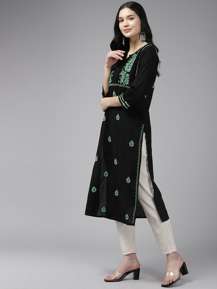 Black Cotton Green Thread Chikankari Kurta