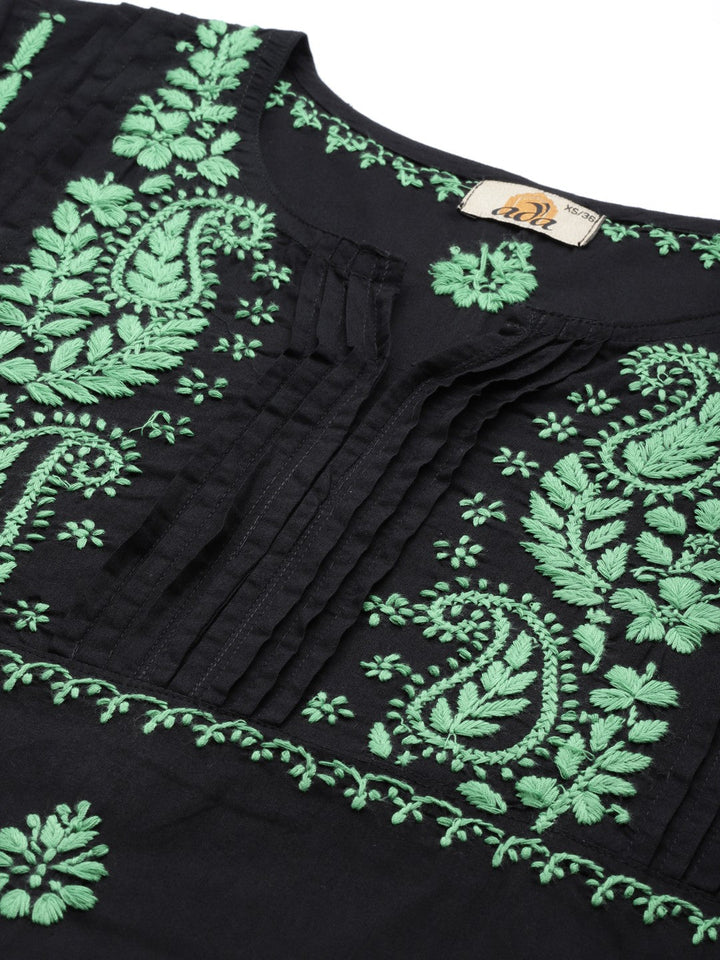 Black Cotton Green Thread Chikankari Kurta