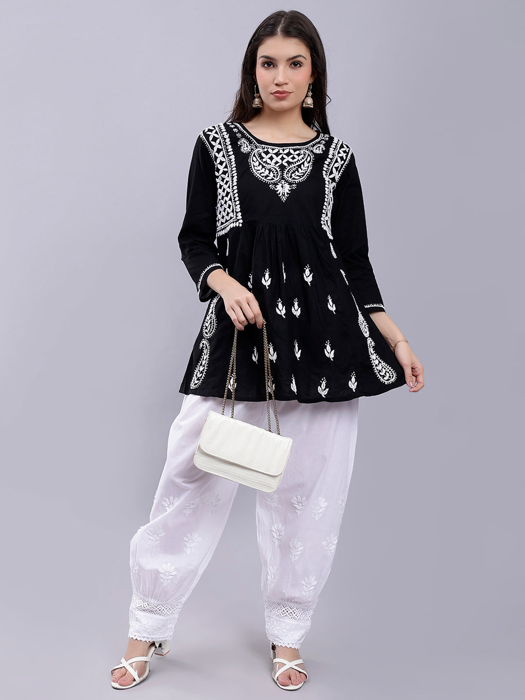 Black Cotton Lucknowi Chikankari Kurta With Palazzo Set