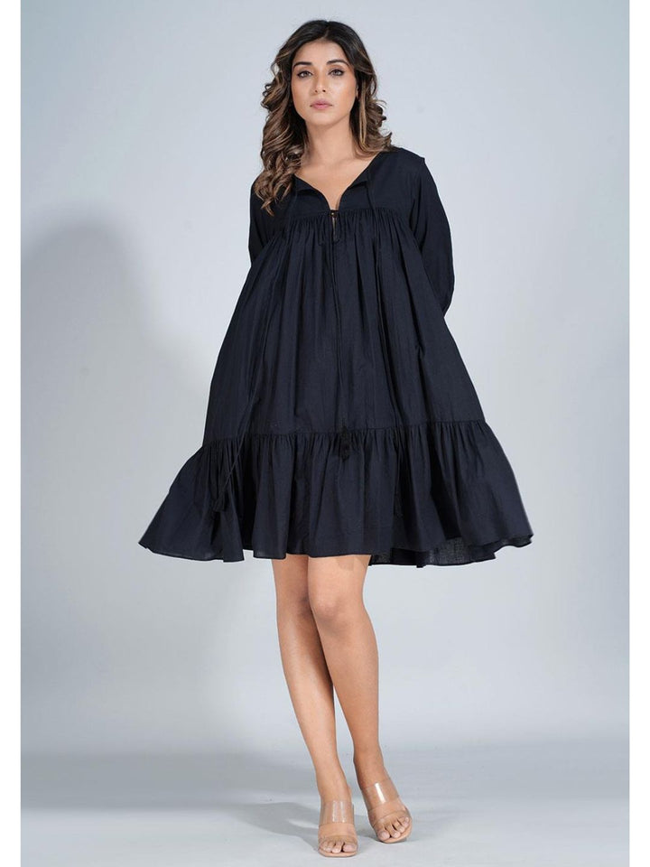 Black Cotton Mini Tier Dress
