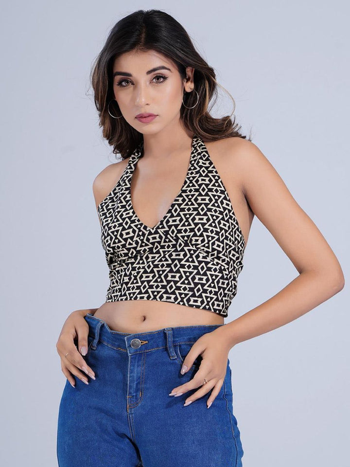 Black Cotton Plunge Neckline Halter Crop Top