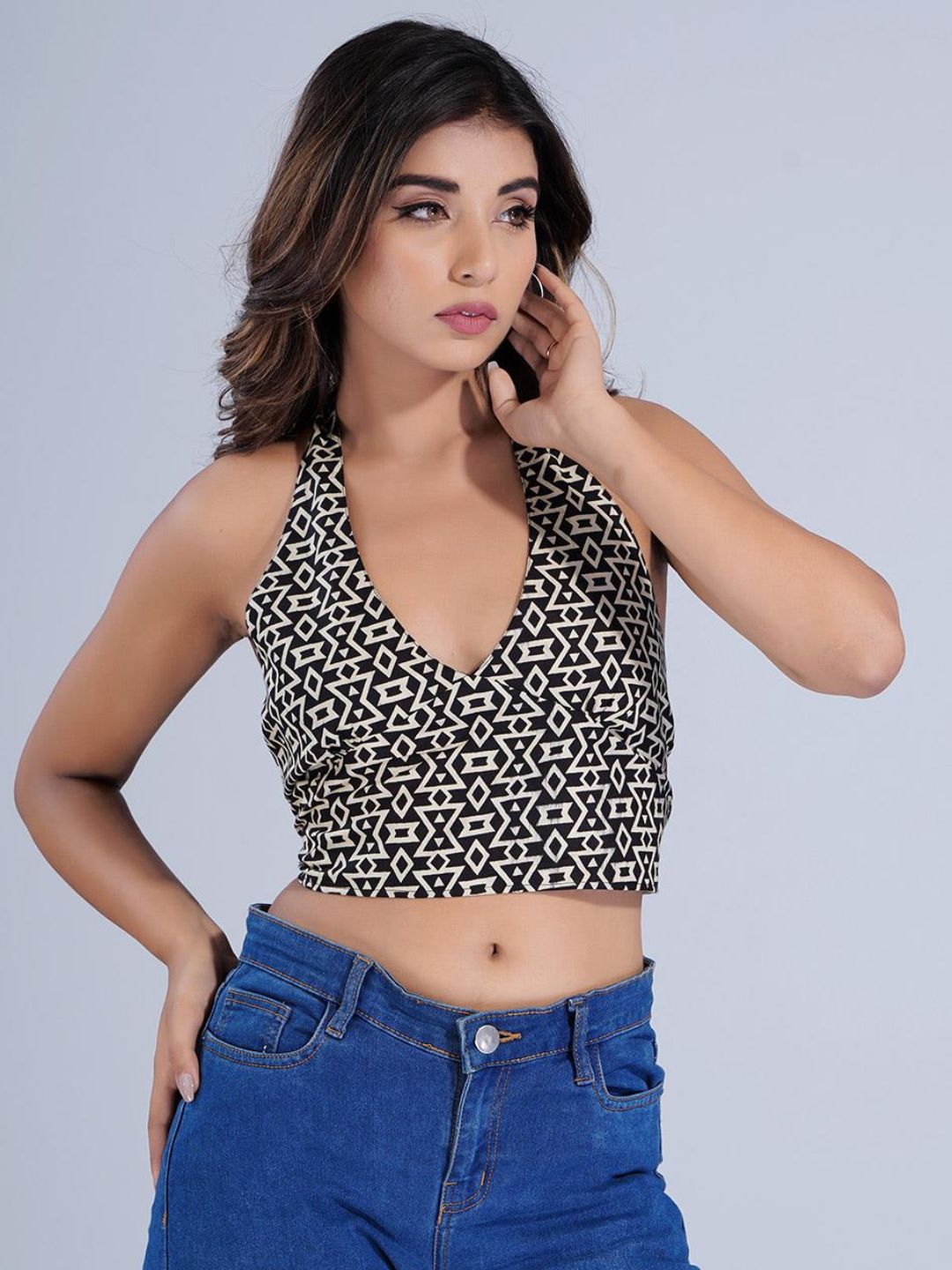 Black Cotton Plunge Neckline Halter Crop Top