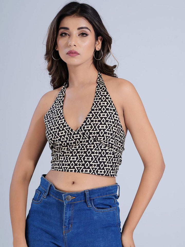 Black Cotton Plunge Neckline Halter Crop Top