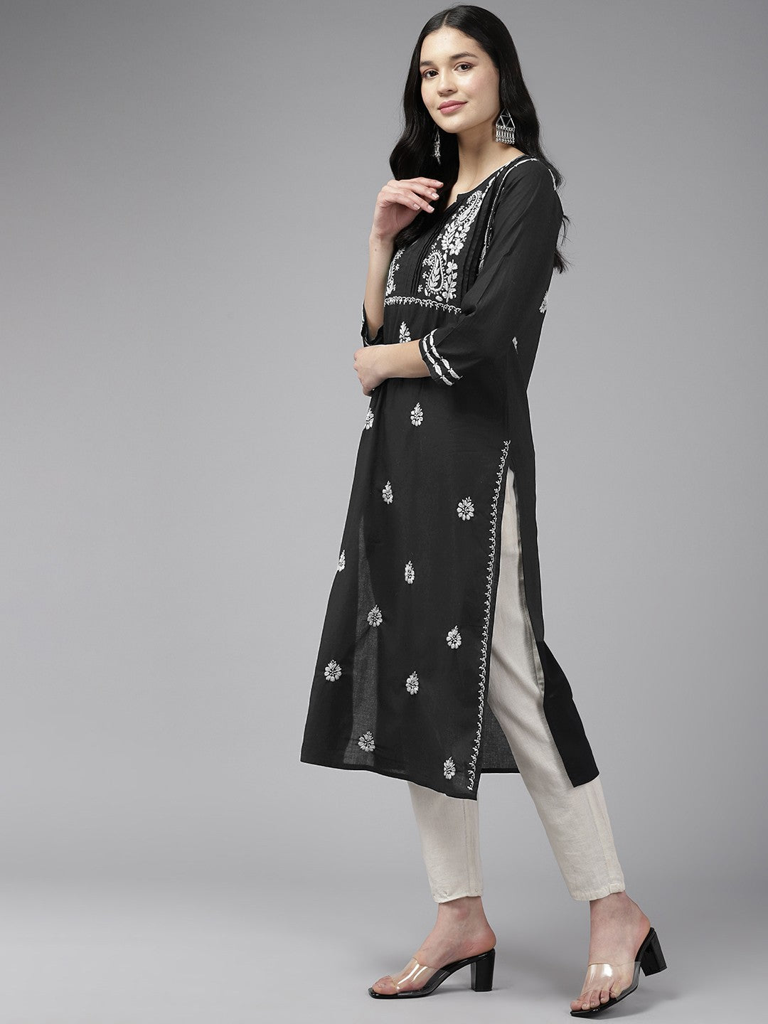 Black Cotton White Thread Chikankari Kurta