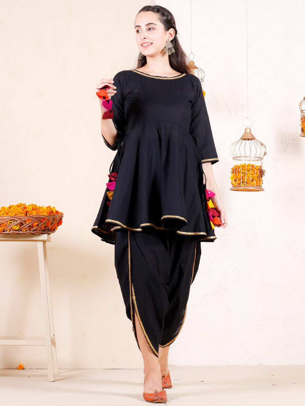 Black Dhoti Peplum Top Set With Dhoti