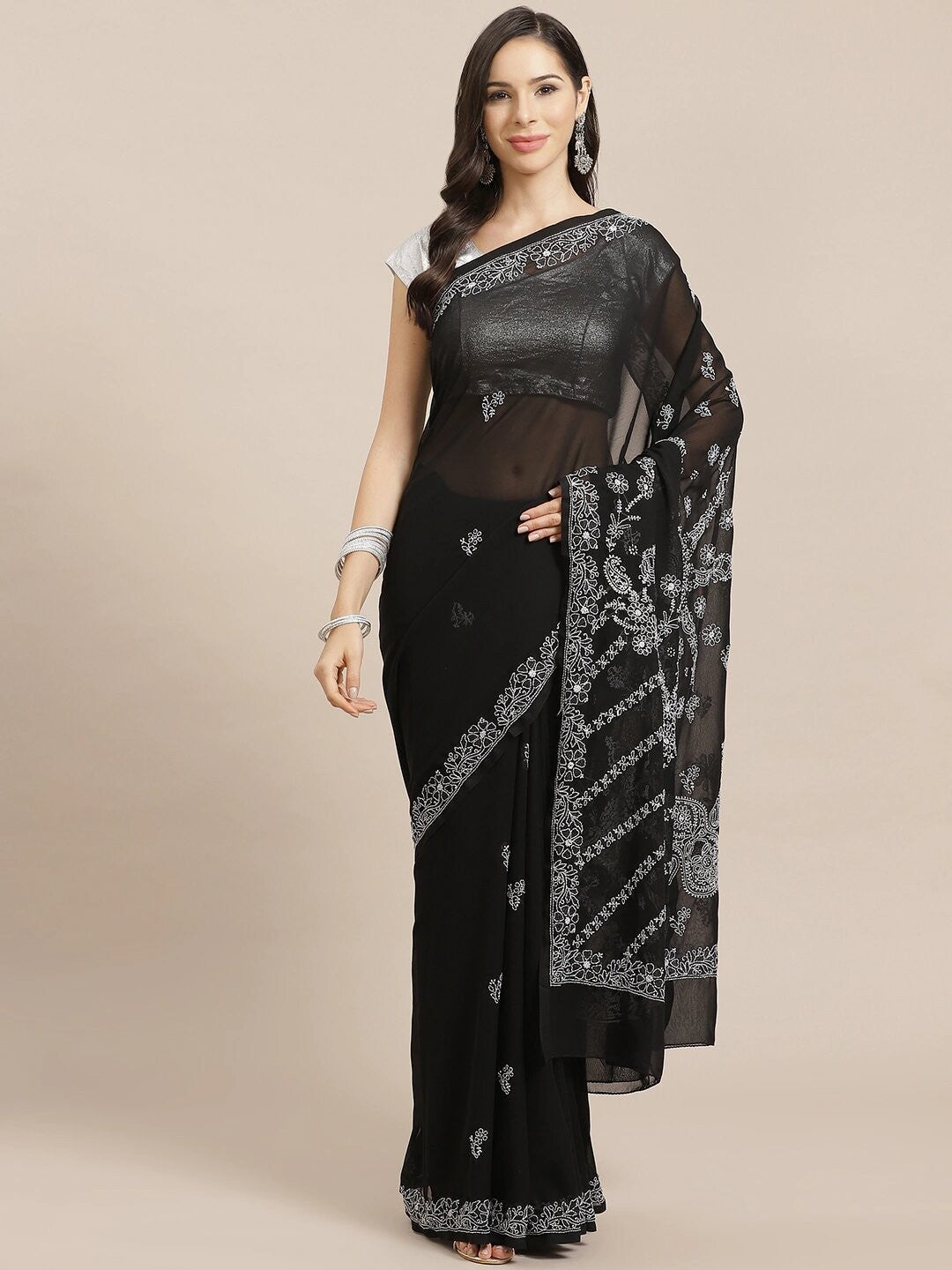 Black-Embroidered-Chikan-Saree-With-Blouse