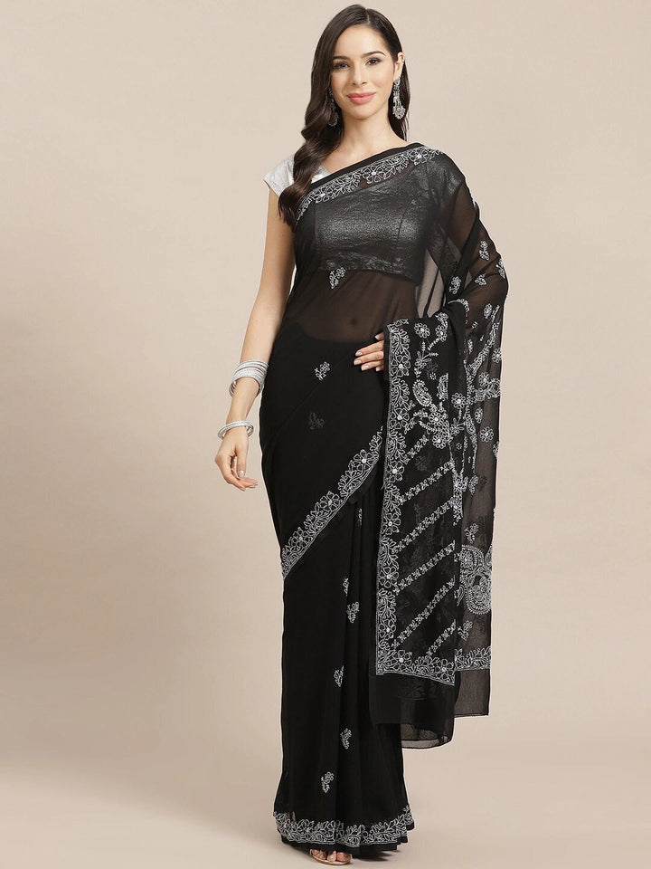 Black-Embroidered-Chikan-Saree-With-Blouse