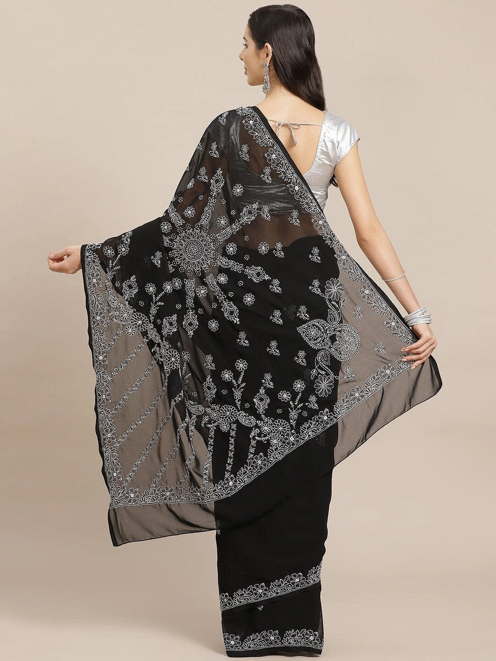 Black-Embroidered-Chikan-Saree-With-Blouse