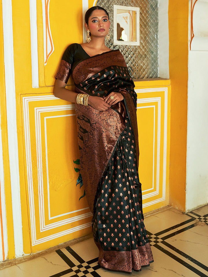 Black Ethnic Motifs Woven Design Banarasi Silk Festive Saree