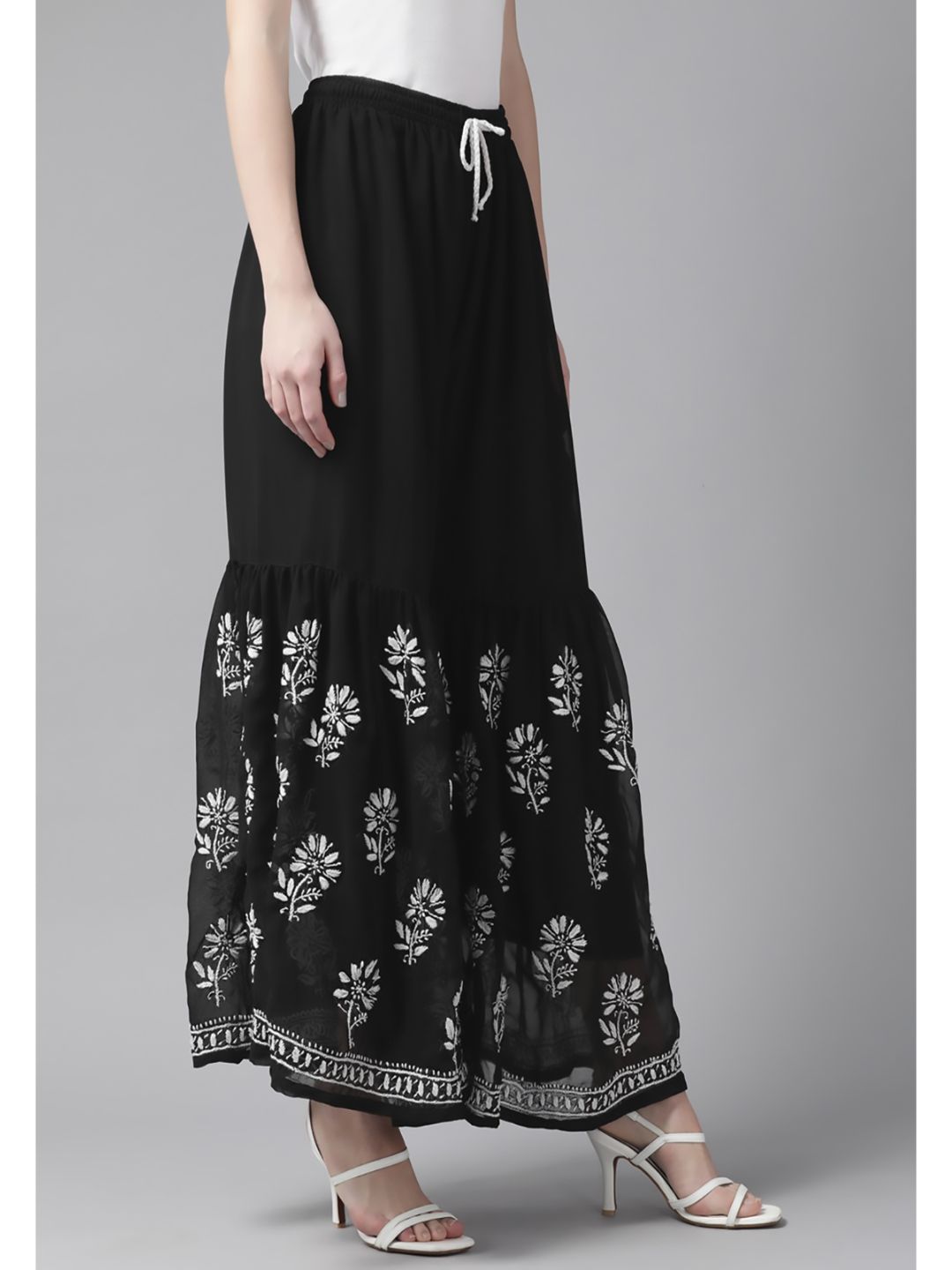 Black Faux Georgette Chikan Gharara Palazzo