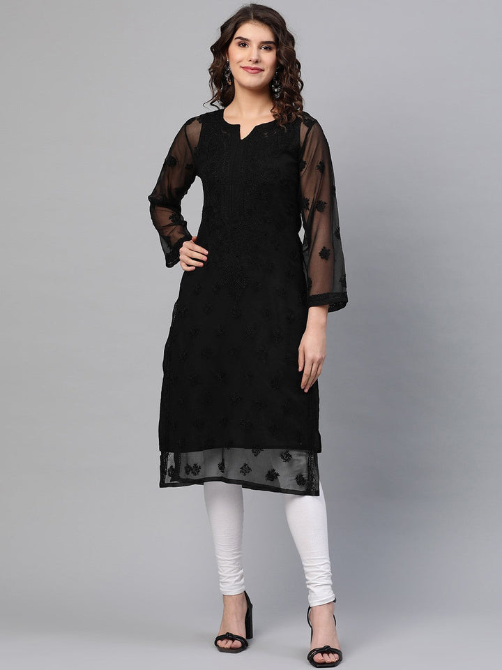 Black Faux Georgette Long Chikankari Kurta