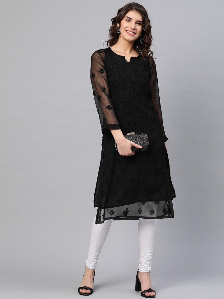 Black Faux Georgette Long Chikankari Kurta