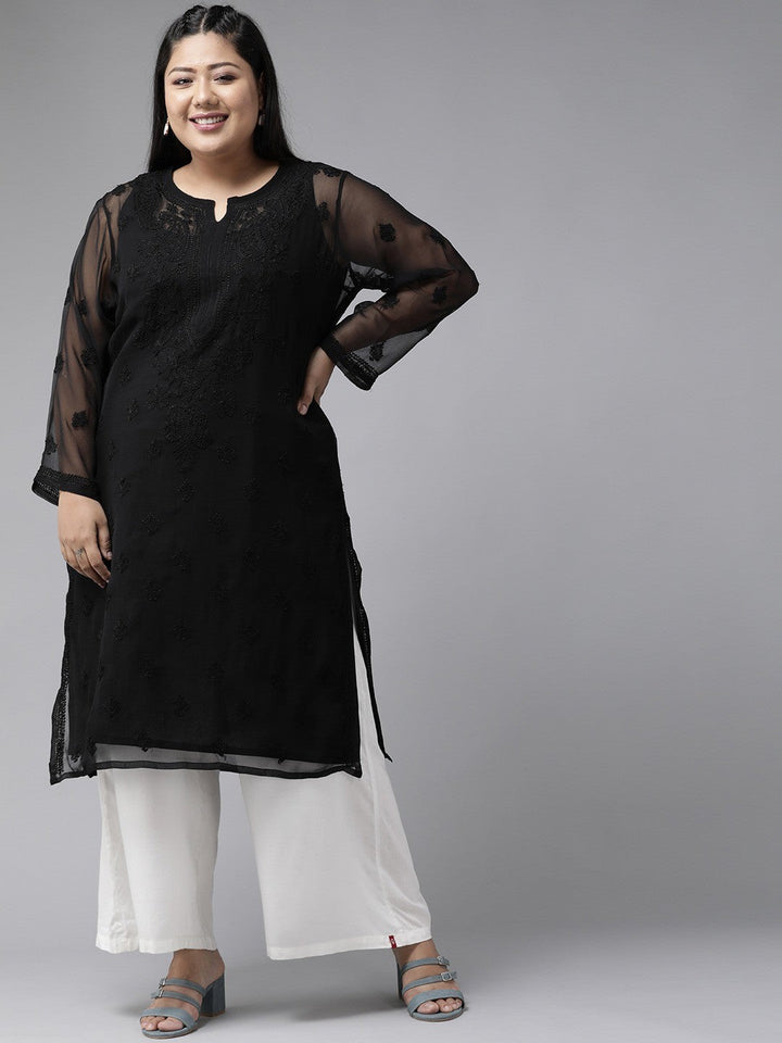 Black Faux Georgette Long Chikankari Kurta