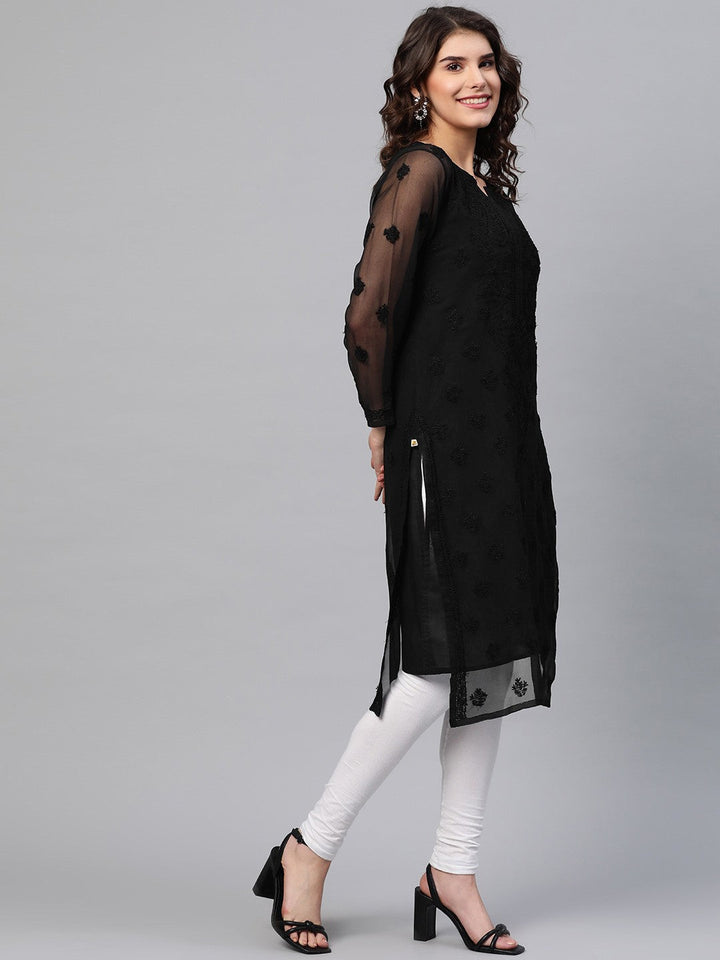 Black Faux Georgette Long Chikankari Kurta