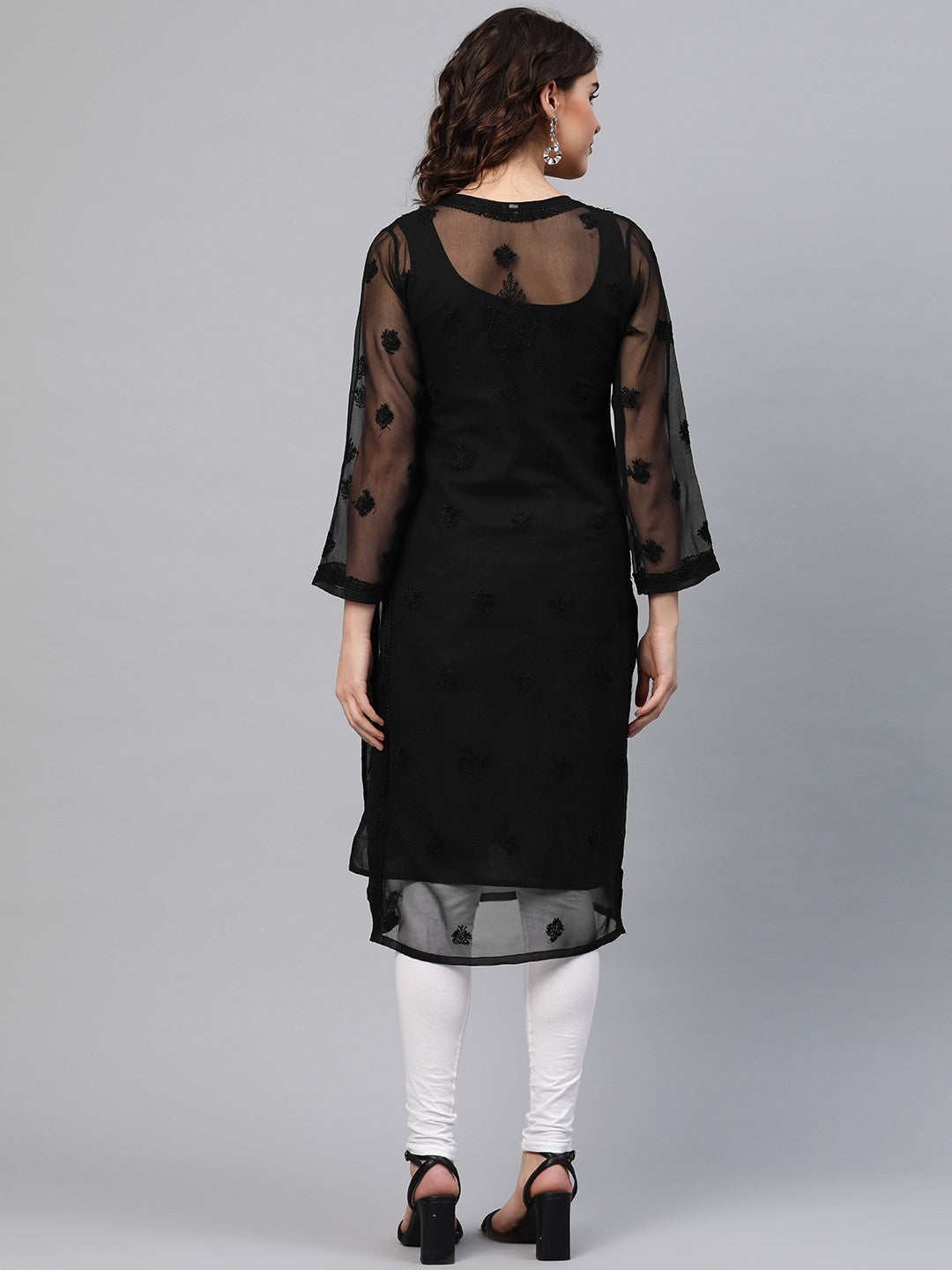 Black Faux Georgette Long Chikankari Kurta