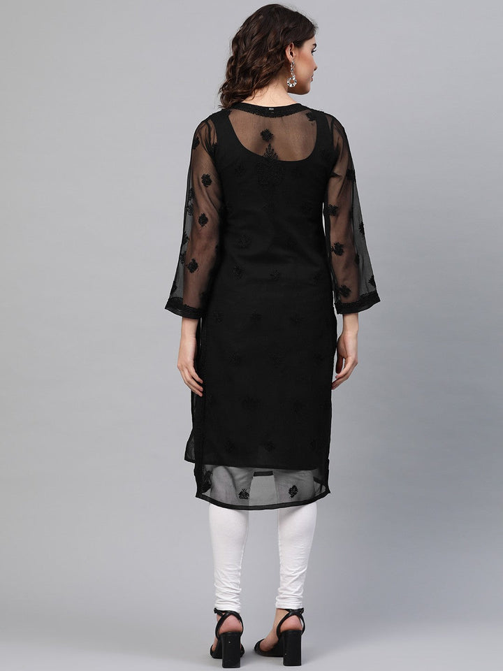 Black Faux Georgette Long Chikankari Kurta