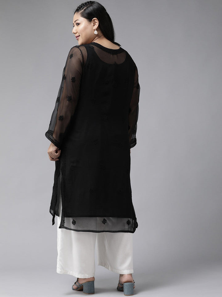 Black Faux Georgette Long Chikankari Kurta
