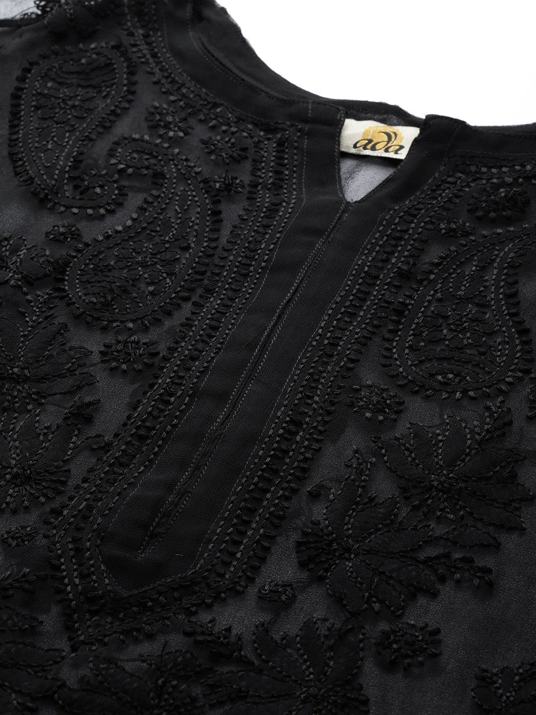 Black Faux Georgette Long Chikankari Kurta